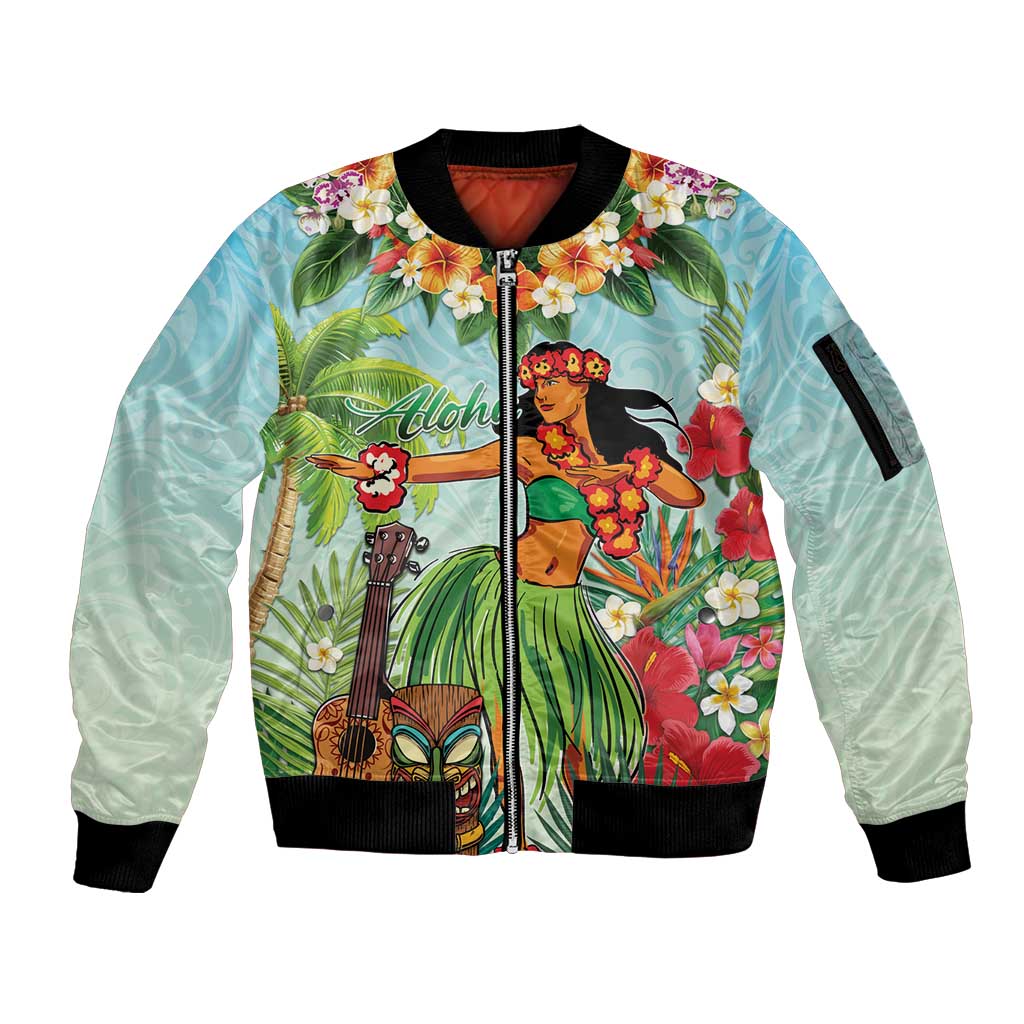 Hawaii Lei Day Sleeve Zip Bomber Jacket Hula Girl With Tropical Forest