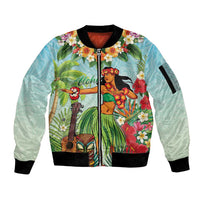Hawaii Lei Day Sleeve Zip Bomber Jacket Hula Girl With Tropical Forest