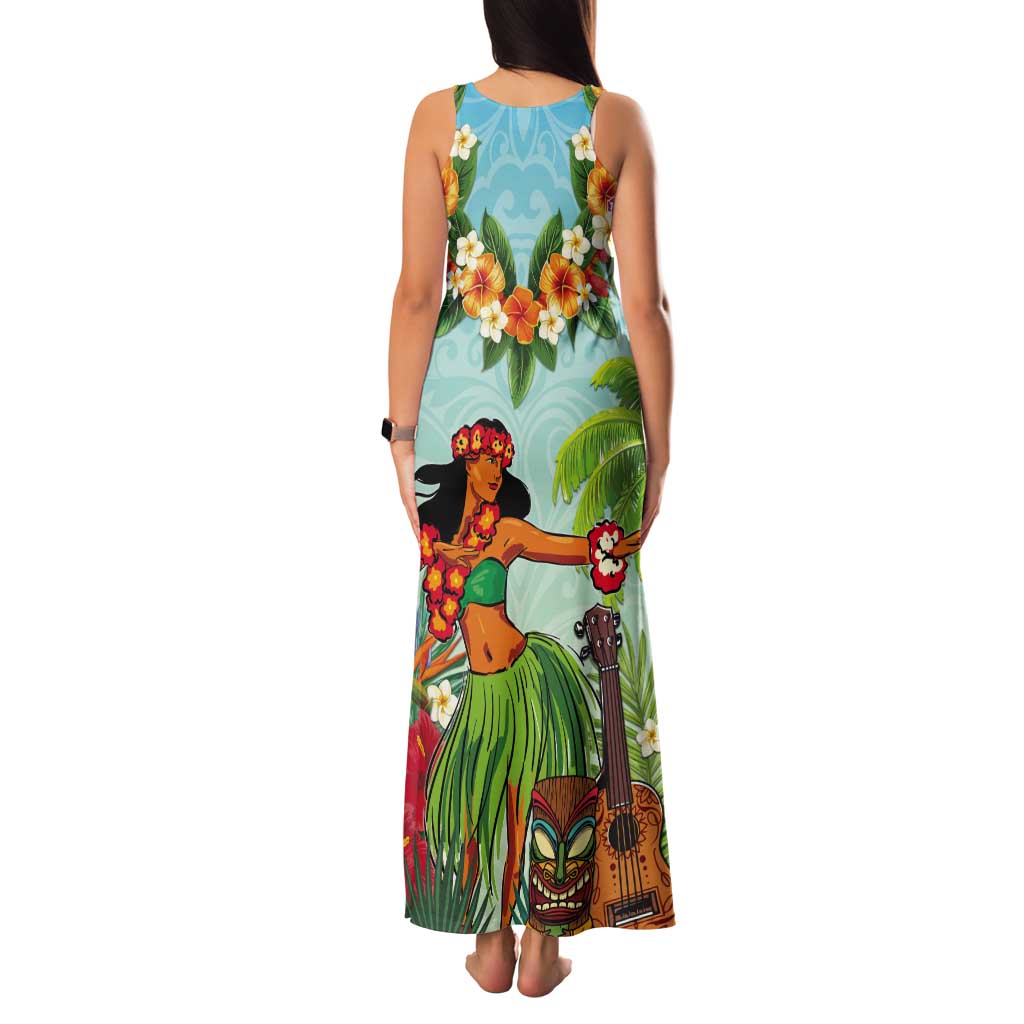 Hawaii Lei Day Tank Maxi Dress Hula Girl With Tropical Forest
