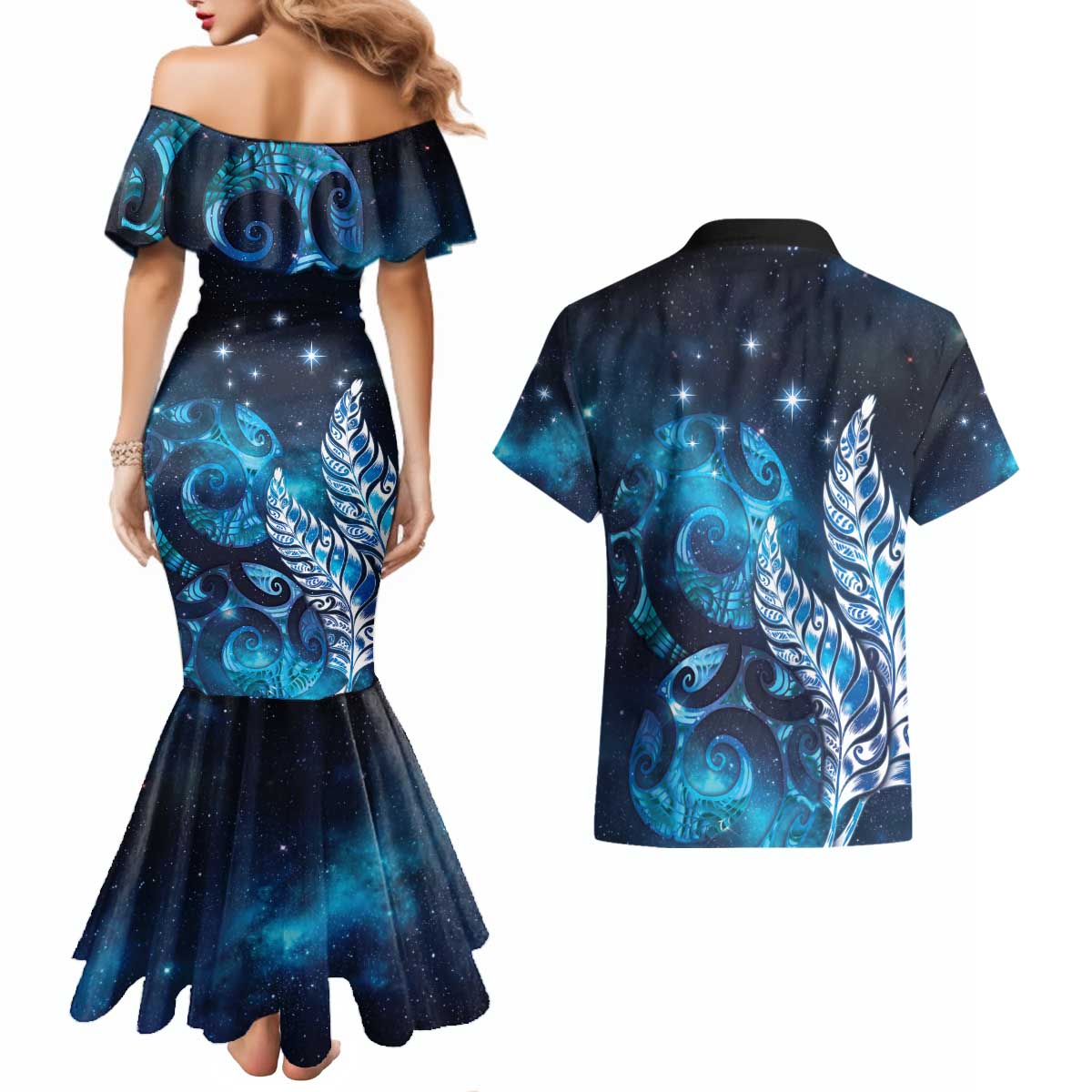New Zealand Matariki Couples Matching Mermaid Dress and Hawaiian Shirt Maori Koru Mix Silver Fern