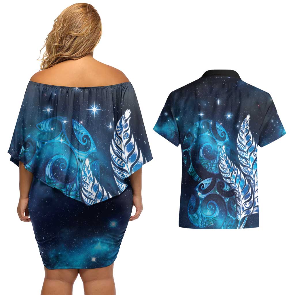 New Zealand Matariki Couples Matching Off Shoulder Short Dress and Hawaiian Shirt Maori Koru Mix Silver Fern