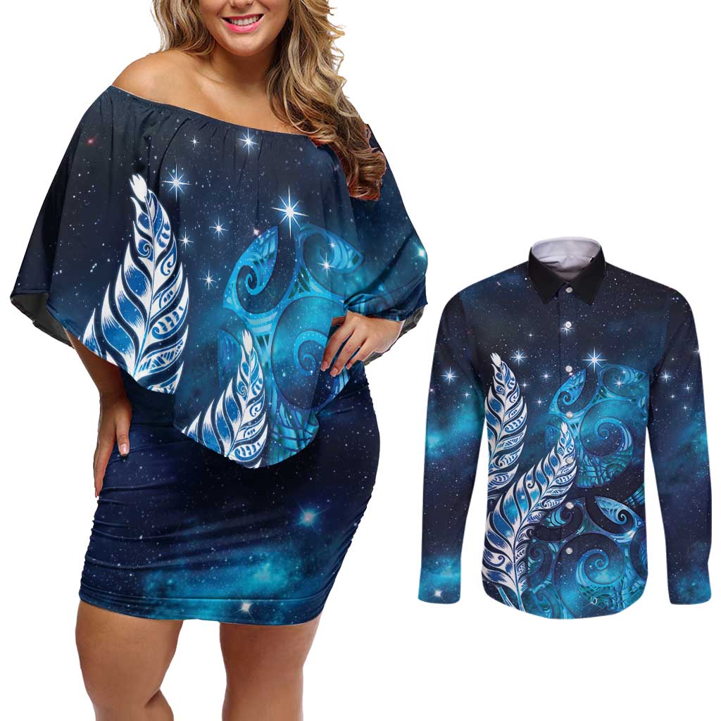 New Zealand Matariki Couples Matching Off Shoulder Short Dress and Long Sleeve Button Shirt Maori Koru Mix Silver Fern