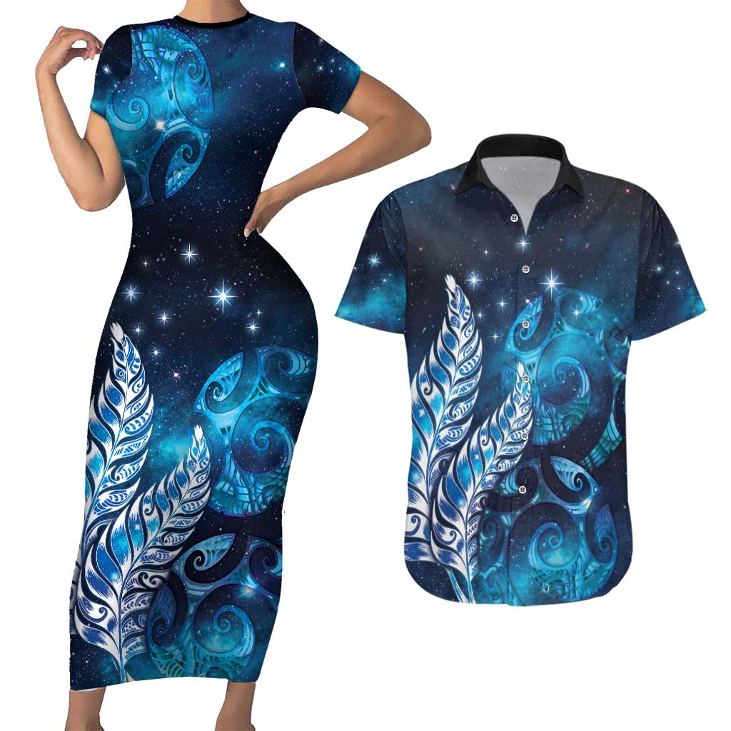 New Zealand Matariki Couples Matching Short Sleeve Bodycon Dress and Hawaiian Shirt Maori Koru Mix Silver Fern