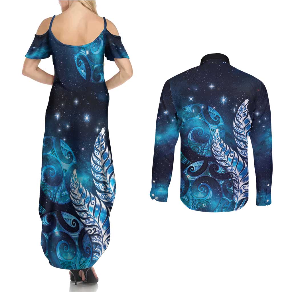 New Zealand Matariki Couples Matching Summer Maxi Dress and Long Sleeve Button Shirt Maori Koru Mix Silver Fern