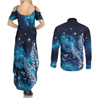 New Zealand Matariki Couples Matching Summer Maxi Dress and Long Sleeve Button Shirt Maori Koru Mix Silver Fern