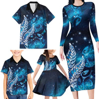 New Zealand Matariki Family Matching Long Sleeve Bodycon Dress and Hawaiian Shirt Maori Koru Mix Silver Fern