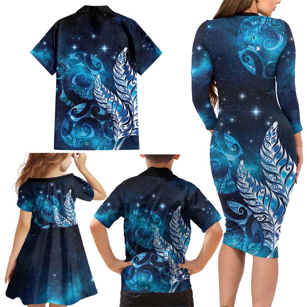 New Zealand Matariki Family Matching Long Sleeve Bodycon Dress and Hawaiian Shirt Maori Koru Mix Silver Fern