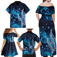 New Zealand Matariki Family Matching Off Shoulder Maxi Dress and Hawaiian Shirt Maori Koru Mix Silver Fern