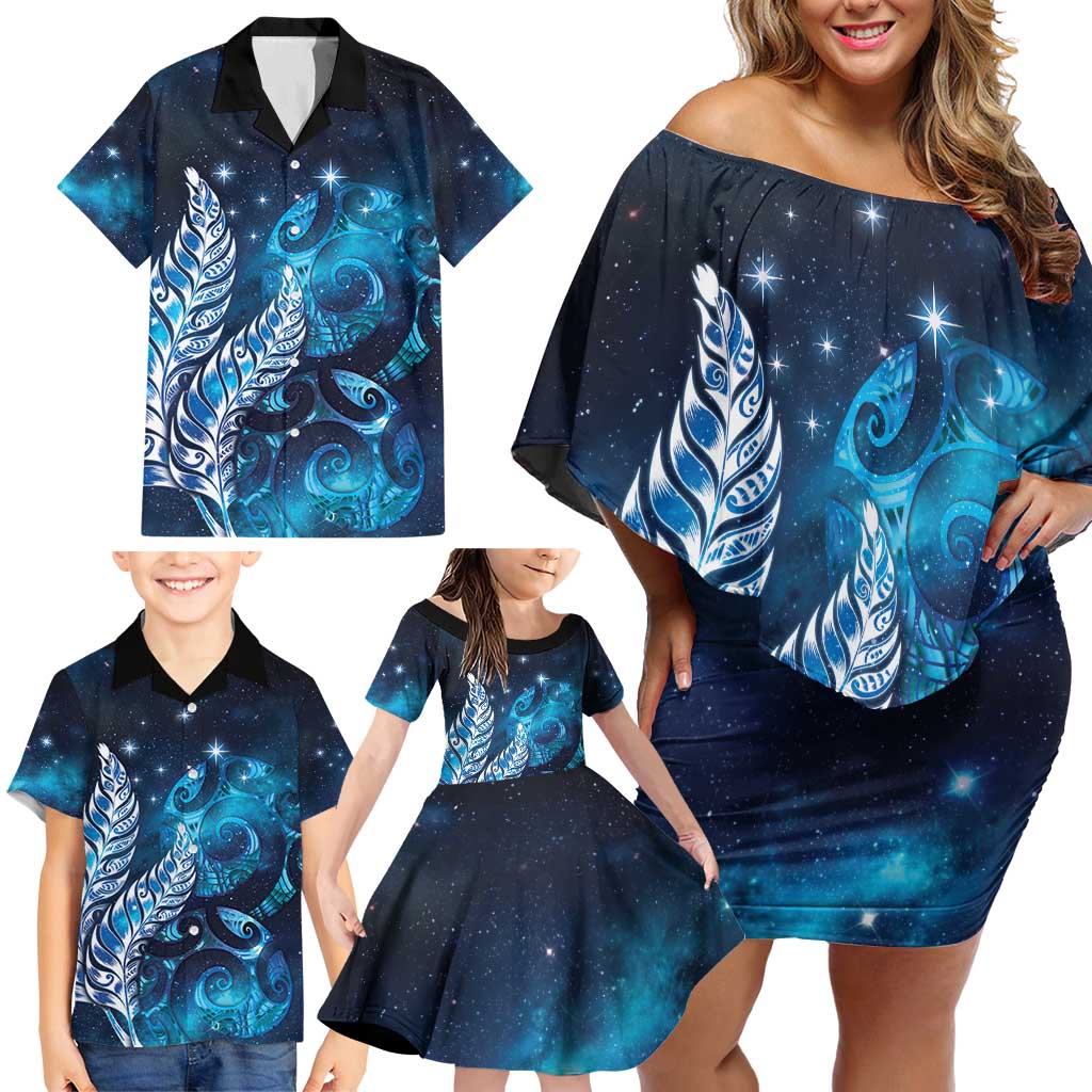 New Zealand Matariki Family Matching Off Shoulder Short Dress and Hawaiian Shirt Maori Koru Mix Silver Fern