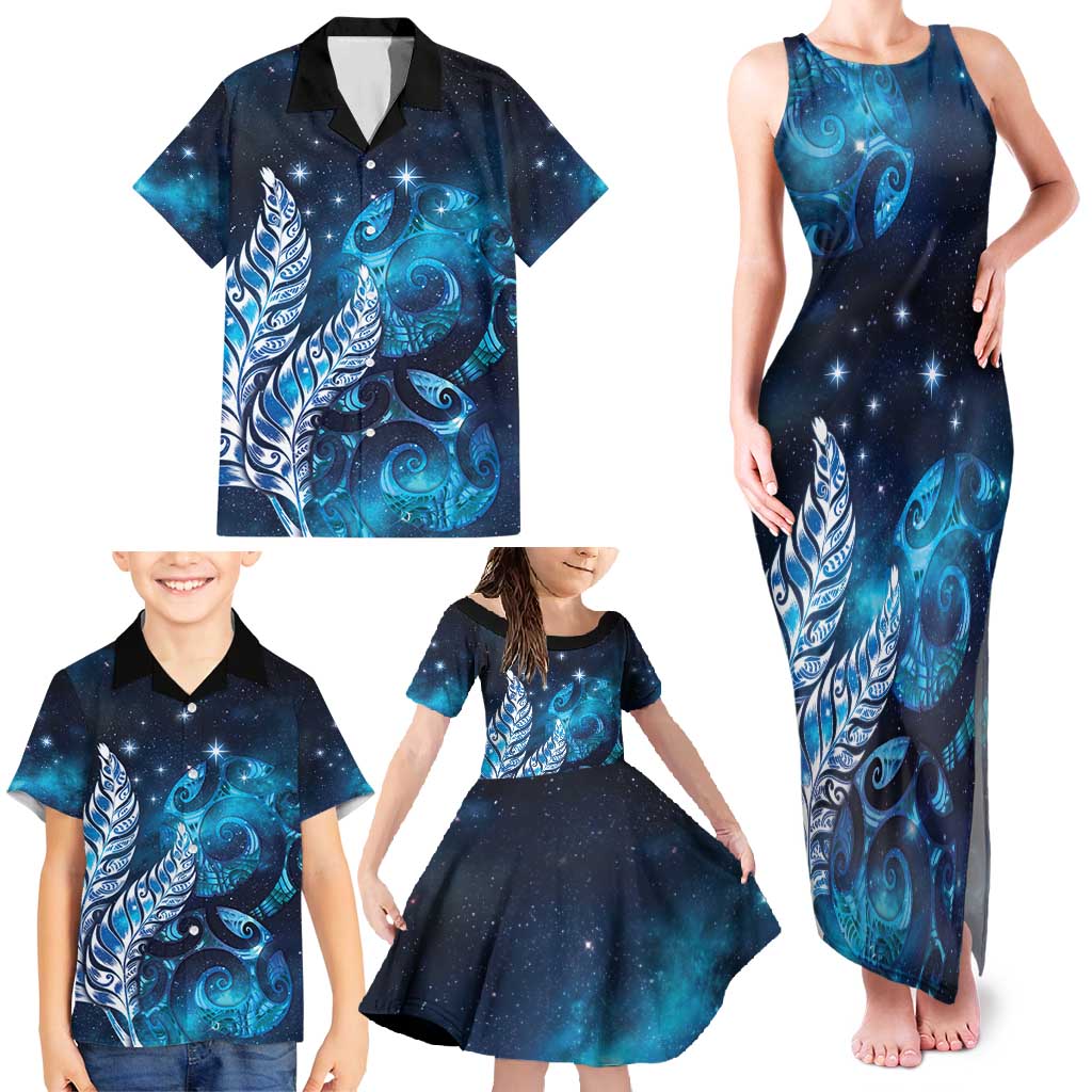 New Zealand Matariki Family Matching Tank Maxi Dress and Hawaiian Shirt Maori Koru Mix Silver Fern