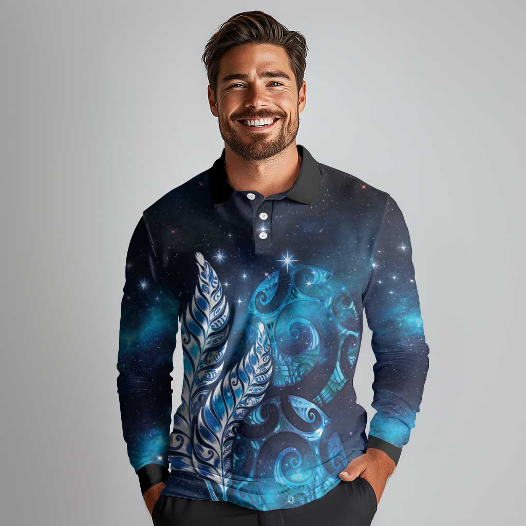 New Zealand Matariki Long Sleeve Polo Shirt Maori Koru Mix Silver Fern