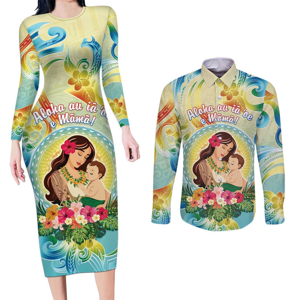 Personalised Hawaii Mother's Day Couples Matching Long Sleeve Bodycon Dress and Long Sleeve Button Shirt I Love You Mom DT04 Yellow - Polynesian Pride