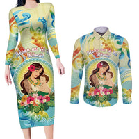 Personalised Hawaii Mother's Day Couples Matching Long Sleeve Bodycon Dress and Long Sleeve Button Shirt I Love You Mom