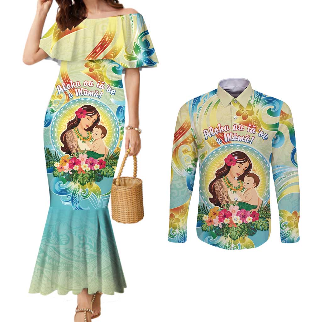 Personalised Hawaii Mother's Day Couples Matching Mermaid Dress and Long Sleeve Button Shirt I Love You Mom DT04 Yellow - Polynesian Pride