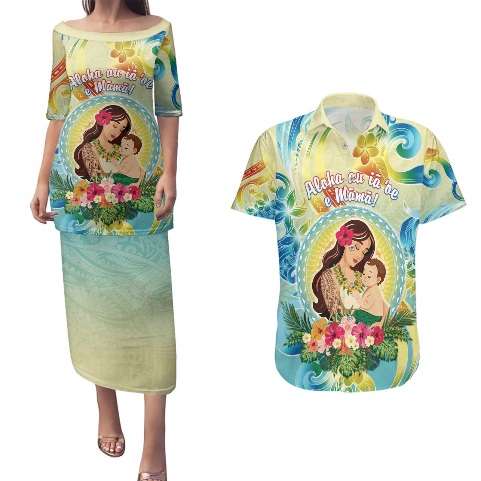 Personalised Hawaii Mother's Day Couples Matching Puletasi and Hawaiian Shirt I Love You Mom DT04 Yellow - Polynesian Pride