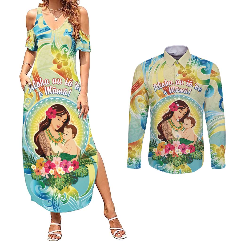 Personalised Hawaii Mother's Day Couples Matching Summer Maxi Dress and Long Sleeve Button Shirt I Love You Mom DT04 Yellow - Polynesian Pride