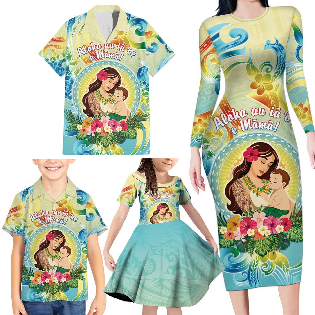 Personalised Hawaii Mother's Day Family Matching Long Sleeve Bodycon Dress and Hawaiian Shirt I Love You Mom