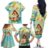 Personalised Hawaii Mother's Day Family Matching Off The Shoulder Long Sleeve Dress and Hawaiian Shirt I Love You Mom