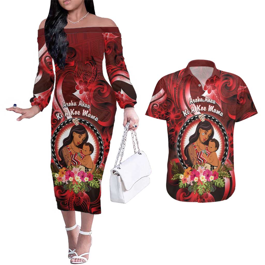 Personalised New Zealand Mother's Day Couples Matching Off The Shoulder Long Sleeve Dress and Hawaiian Shirt I Love You Mom DT04 Red - Polynesian Pride