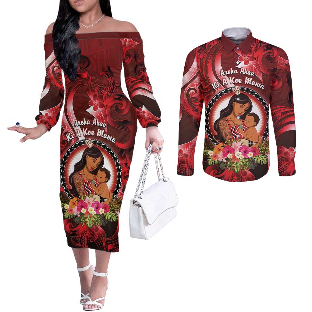 Personalised New Zealand Mother's Day Couples Matching Off The Shoulder Long Sleeve Dress and Long Sleeve Button Shirt I Love You Mom DT04 Red - Polynesian Pride