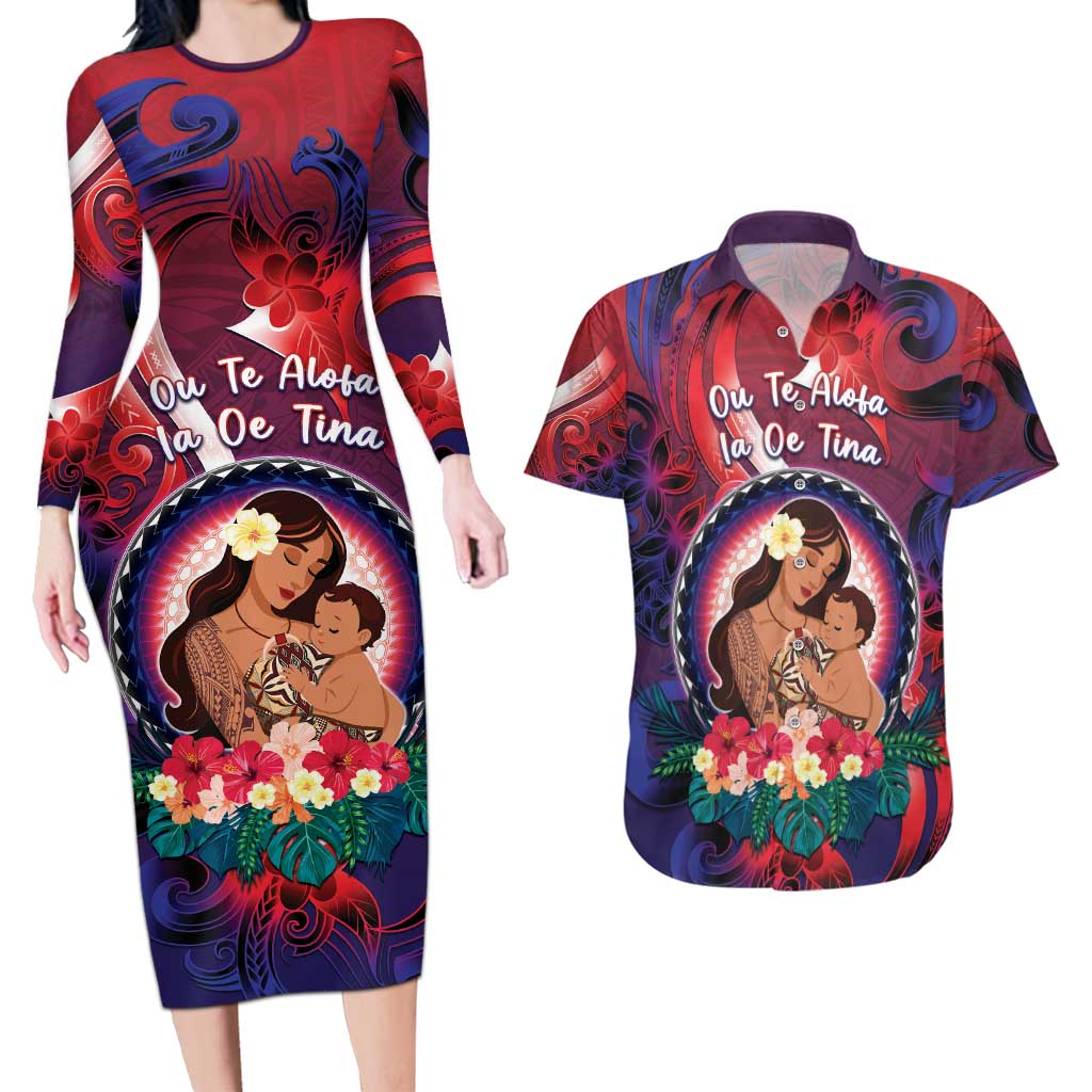Personalised Samoa Mother's Day Couples Matching Long Sleeve Bodycon Dress and Hawaiian Shirt I Love You Mom DT04 Red - Polynesian Pride