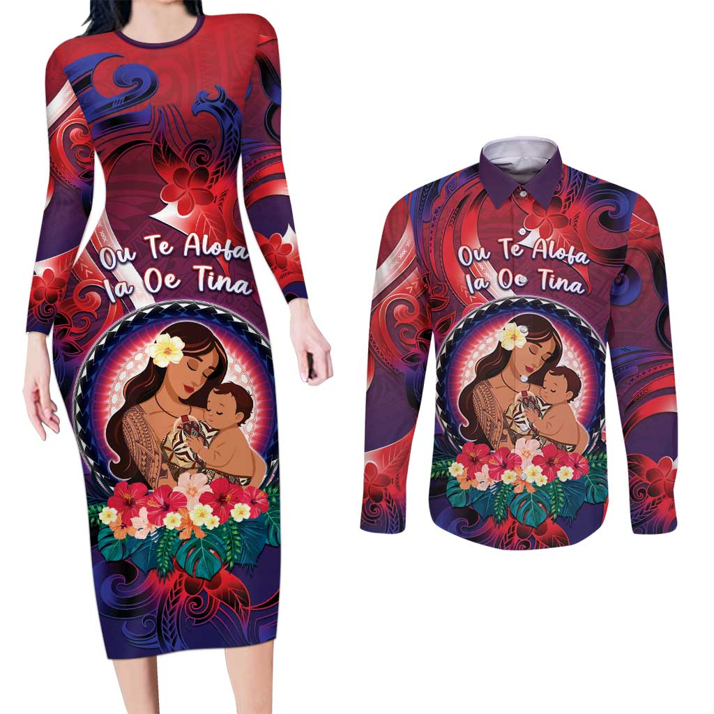 Personalised Samoa Mother's Day Couples Matching Long Sleeve Bodycon Dress and Long Sleeve Button Shirt I Love You Mom DT04 Red - Polynesian Pride