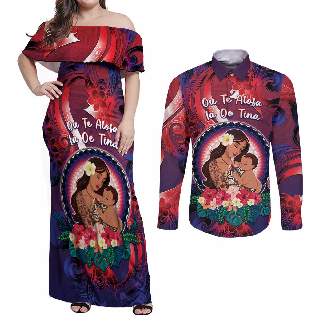 Personalised Samoa Mother's Day Couples Matching Off Shoulder Maxi Dress and Long Sleeve Button Shirt I Love You Mom DT04 Red - Polynesian Pride