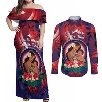 Personalised Samoa Mother's Day Couples Matching Off Shoulder Maxi Dress and Long Sleeve Button Shirt I Love You Mom DT04 Red - Polynesian Pride