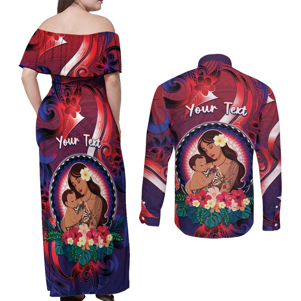 Personalised Samoa Mother's Day Couples Matching Off Shoulder Maxi Dress and Long Sleeve Button Shirt I Love You Mom DT04 - Polynesian Pride
