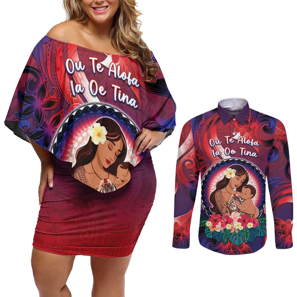 Personalised Samoa Mother's Day Couples Matching Off Shoulder Short Dress and Long Sleeve Button Shirt I Love You Mom DT04 Red - Polynesian Pride