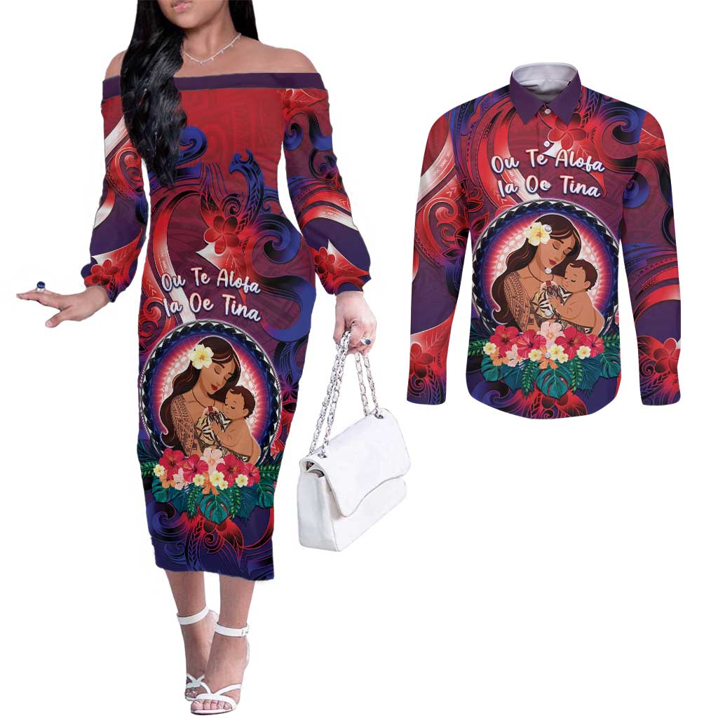 Personalised Samoa Mother's Day Couples Matching Off The Shoulder Long Sleeve Dress and Long Sleeve Button Shirt I Love You Mom DT04 Red - Polynesian Pride