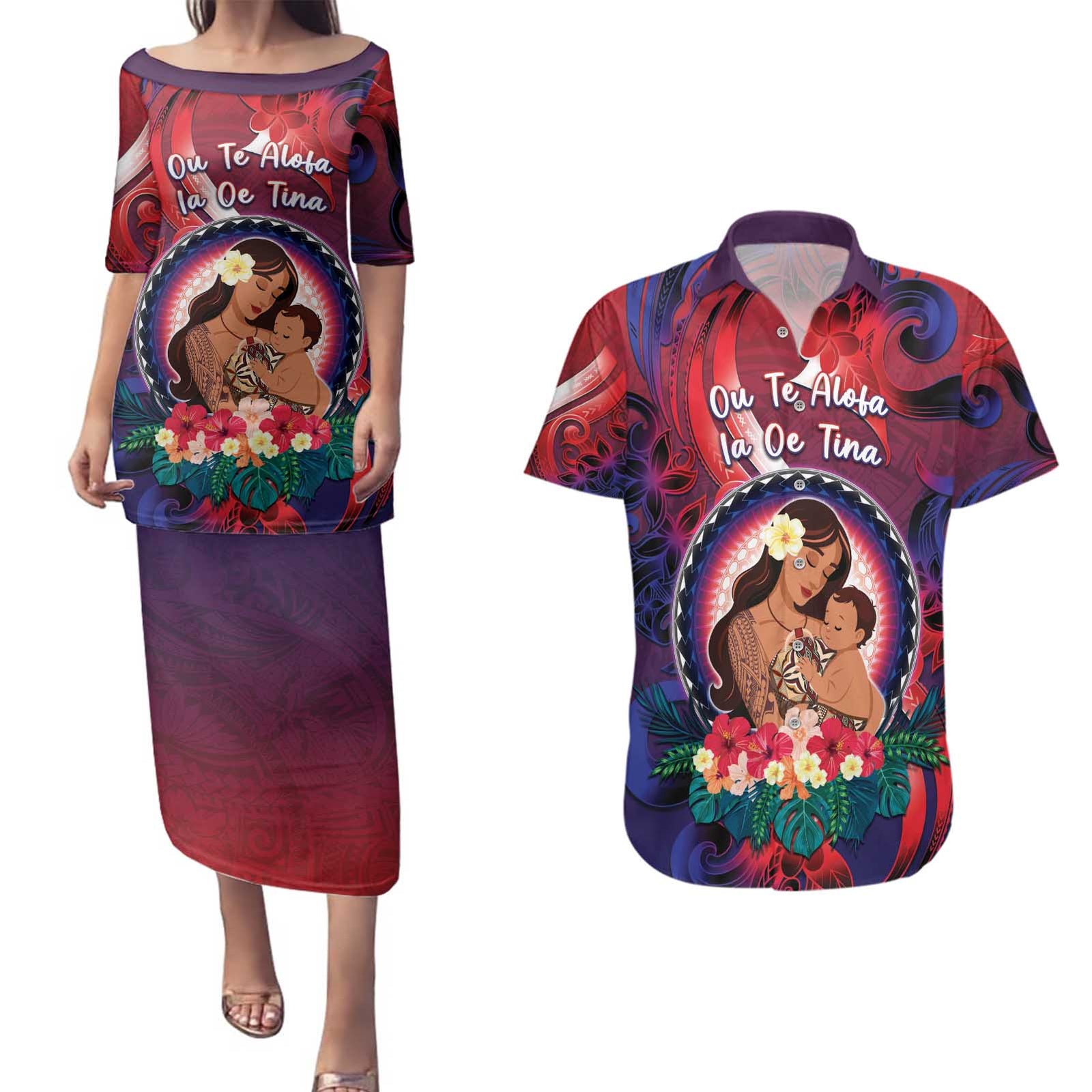 Personalised Samoa Mother's Day Couples Matching Puletasi and Hawaiian Shirt I Love You Mom DT04 Red - Polynesian Pride