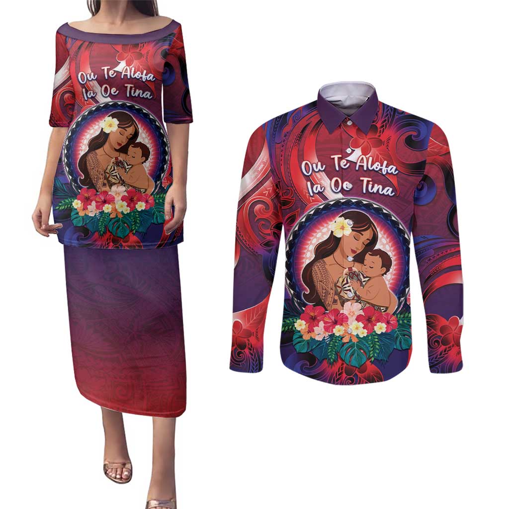 Personalised Samoa Mother's Day Couples Matching Puletasi and Long Sleeve Button Shirt I Love You Mom DT04 Red - Polynesian Pride
