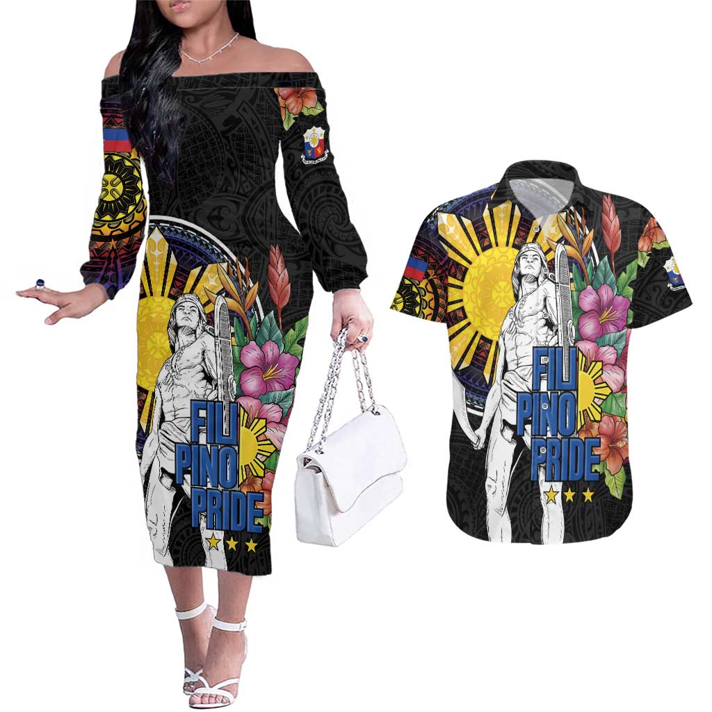 Filipinos Lapu-Lapu Hero Philippines Couples Matching Off The Shoulder Long Sleeve Dress and Hawaiian Shirt Hibiscus Flowers Style
