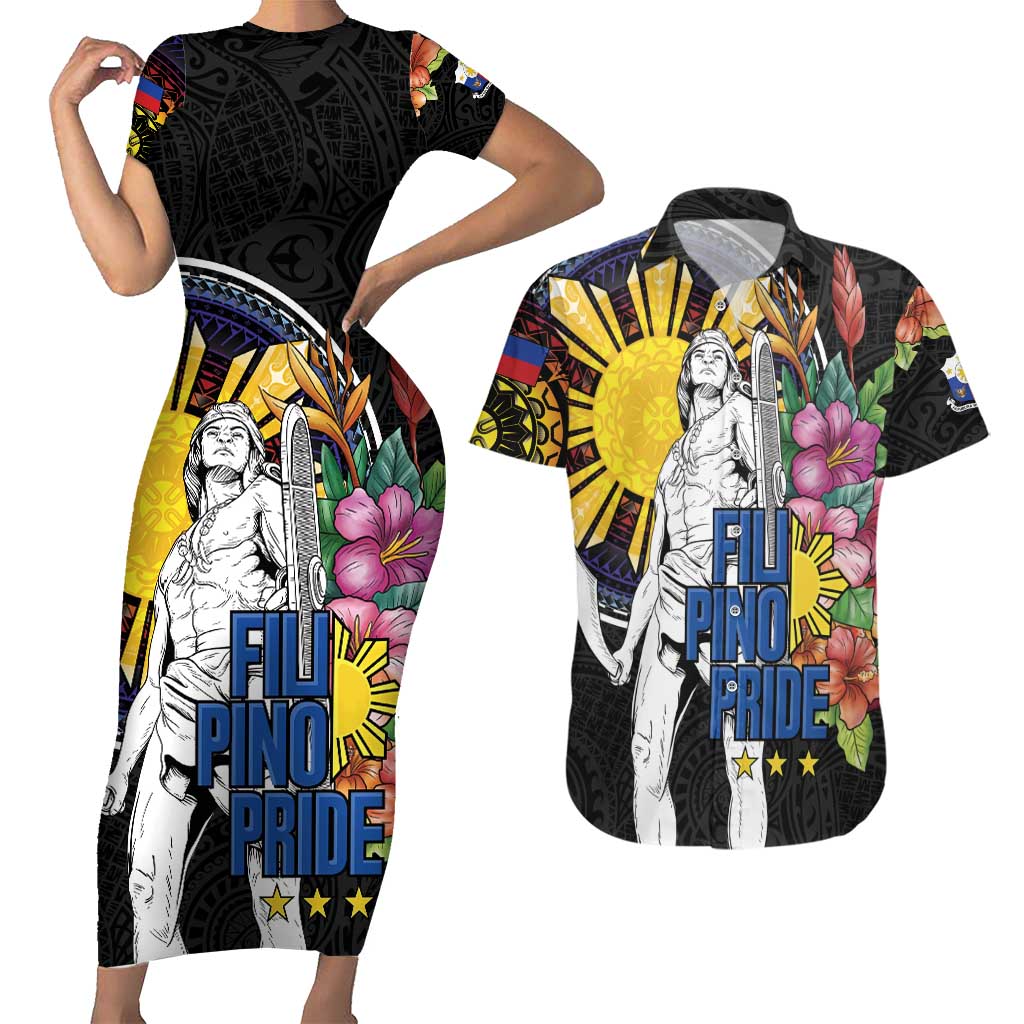 Filipinos Lapu-Lapu Hero Philippines Couples Matching Short Sleeve Bodycon Dress and Hawaiian Shirt Hibiscus Flowers Style
