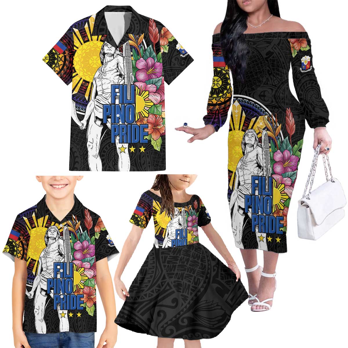 Filipinos Lapu-Lapu Hero Philippines Family Matching Off The Shoulder Long Sleeve Dress and Hawaiian Shirt Hibiscus Flowers Style