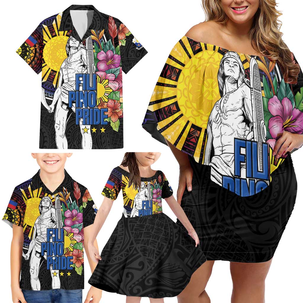 Filipinos Lapu-Lapu Hero Philippines Family Matching Off Shoulder Short Dress and Hawaiian Shirt Hibiscus Flowers Style