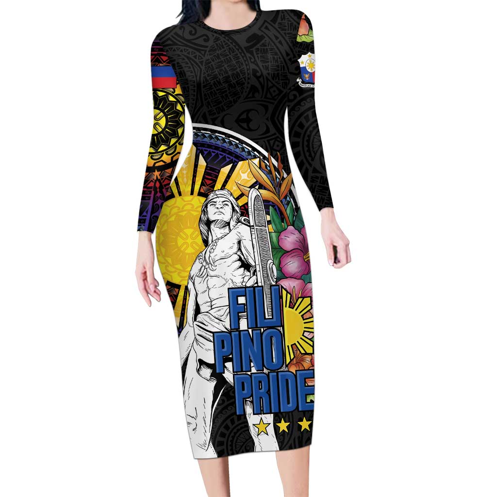 Filipinos Lapu-Lapu Hero Philippines Long Sleeve Bodycon Dress Hibiscus Flowers Style