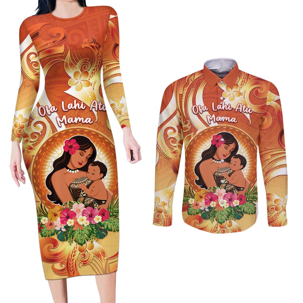 Personalised Tonga Mother's Day Couples Matching Long Sleeve Bodycon Dress and Long Sleeve Button Shirt I Love You Mom DT04 Orange - Polynesian Pride