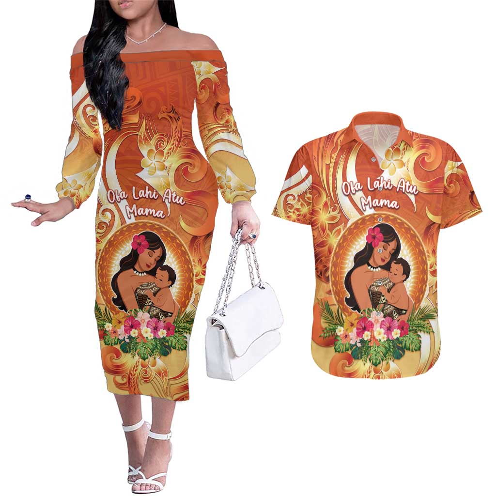 Personalised Tonga Mother's Day Couples Matching Off The Shoulder Long Sleeve Dress and Hawaiian Shirt I Love You Mom DT04 Orange - Polynesian Pride