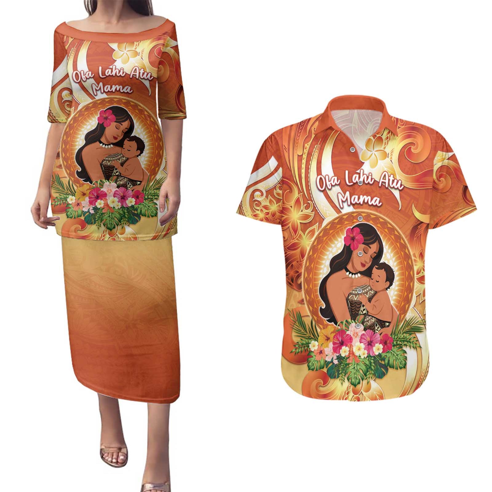 Personalised Tonga Mother's Day Couples Matching Puletasi and Hawaiian Shirt I Love You Mom DT04 Orange - Polynesian Pride
