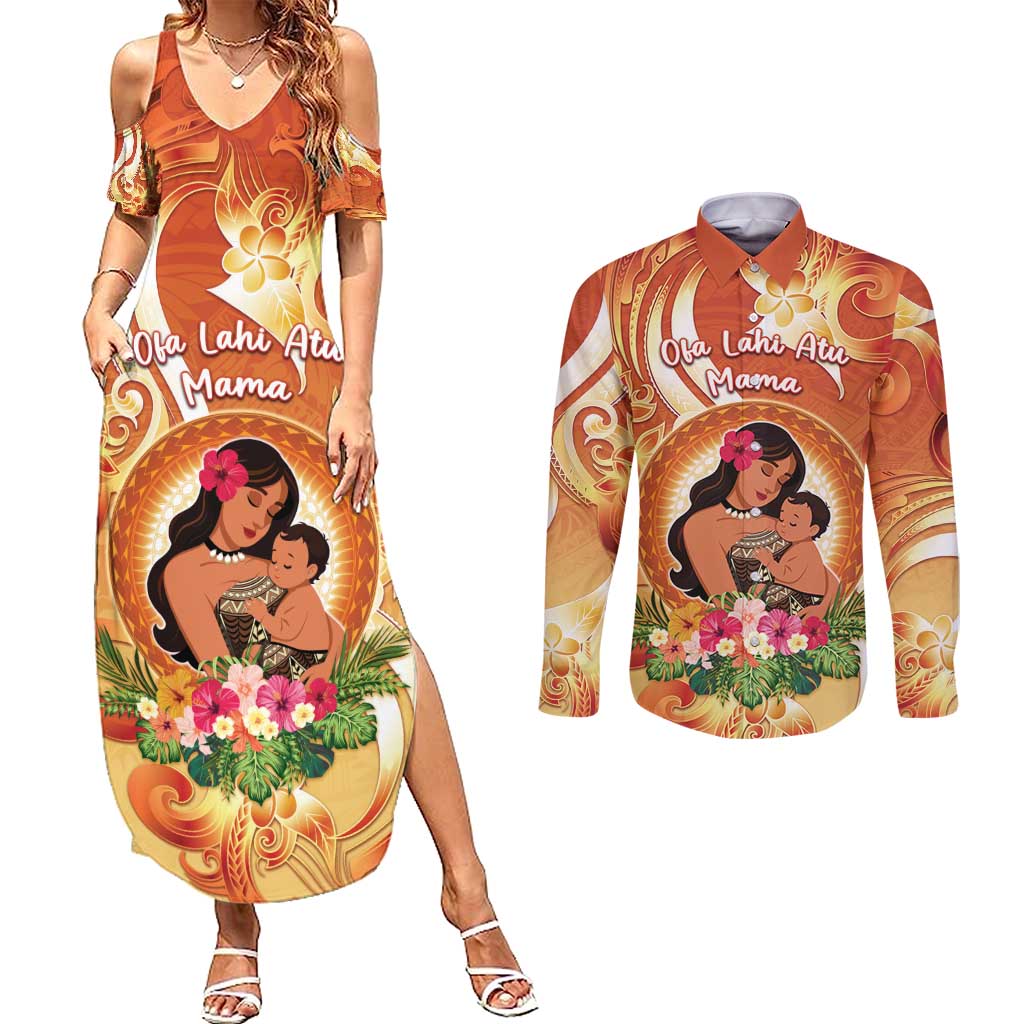 Personalised Tonga Mother's Day Couples Matching Summer Maxi Dress and Long Sleeve Button Shirt I Love You Mom DT04 Orange - Polynesian Pride