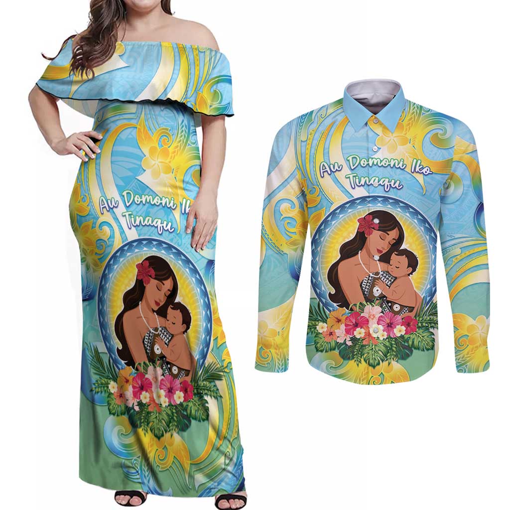 Personalised Fiji Mother's Day Couples Matching Off Shoulder Maxi Dress and Long Sleeve Button Shirt I Love You Mom