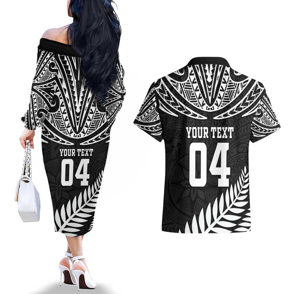 Custom New Zealand Rugby Couples Matching Off The Shoulder Long Sleeve Dress and Hawaiian Shirt Silver Fern Maori Pattern