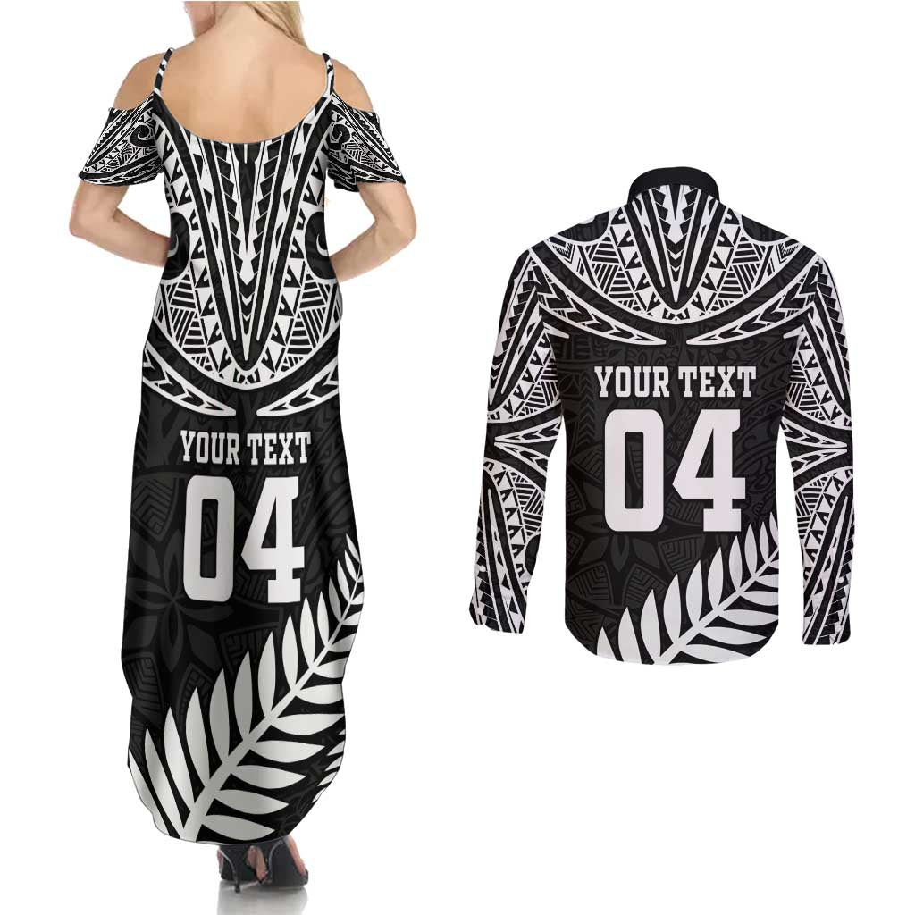 Custom New Zealand Rugby Couples Matching Summer Maxi Dress and Long Sleeve Button Shirt Silver Fern Maori Pattern