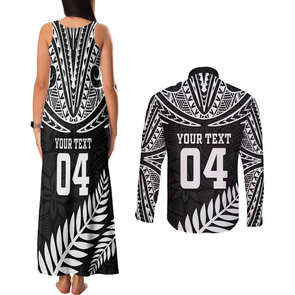 Custom New Zealand Rugby Couples Matching Tank Maxi Dress and Long Sleeve Button Shirt Silver Fern Maori Pattern