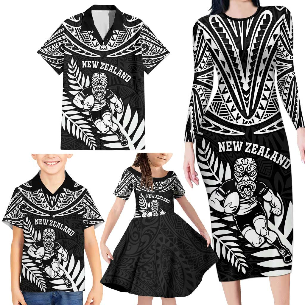 Custom New Zealand Rugby Family Matching Long Sleeve Bodycon Dress and Hawaiian Shirt Silver Fern Maori Pattern