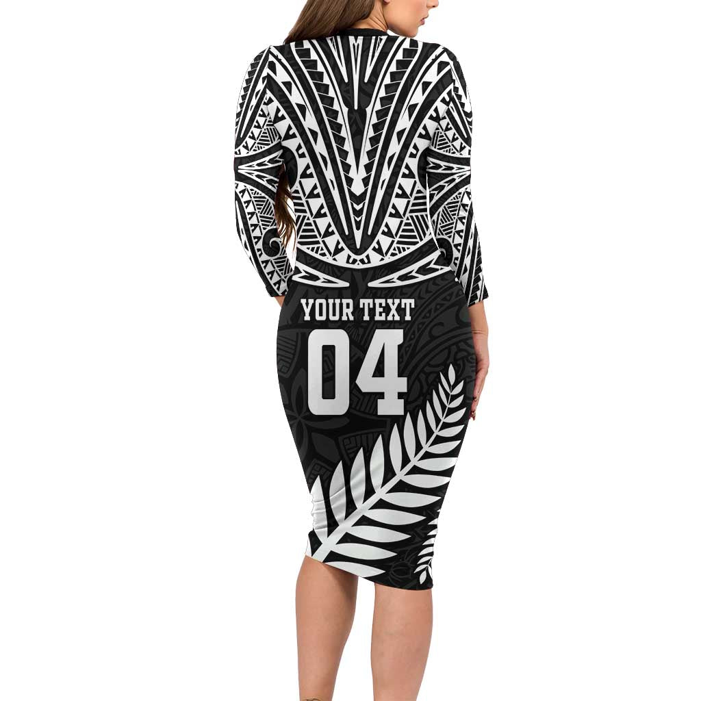Custom New Zealand Rugby Long Sleeve Bodycon Dress Silver Fern Maori Pattern