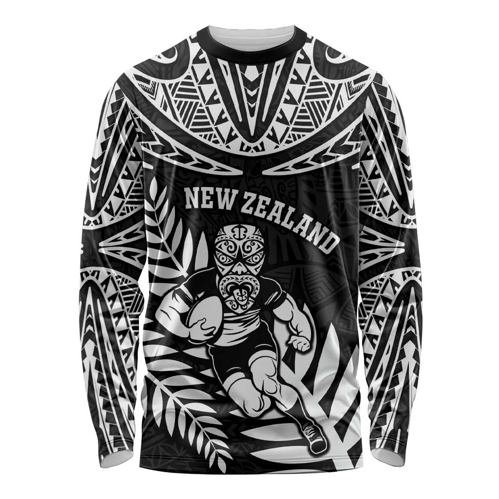 Custom New Zealand Rugby Long Sleeve Shirt Silver Fern Maori Pattern