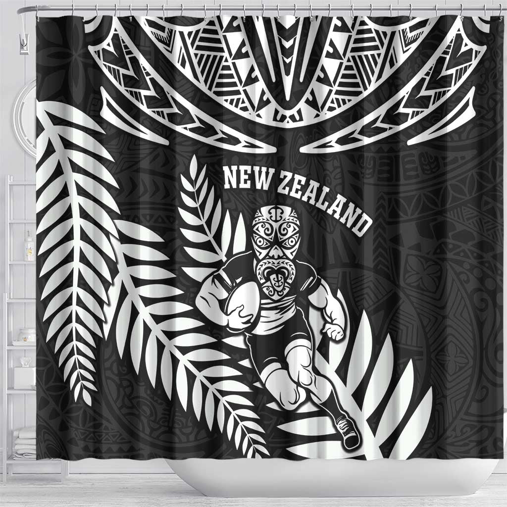 New Zealand Rugby Shower Curtain Silver Fern Maori Pattern